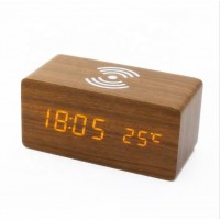 SUNLINE wooden digital LED alarm clock with wireless phone charging table clock promotional gift logo custom new design desktop